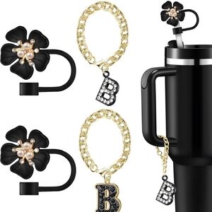 Black Floral Tumbler Straw Topper & Handle Charm With Gold Initial Chain Set